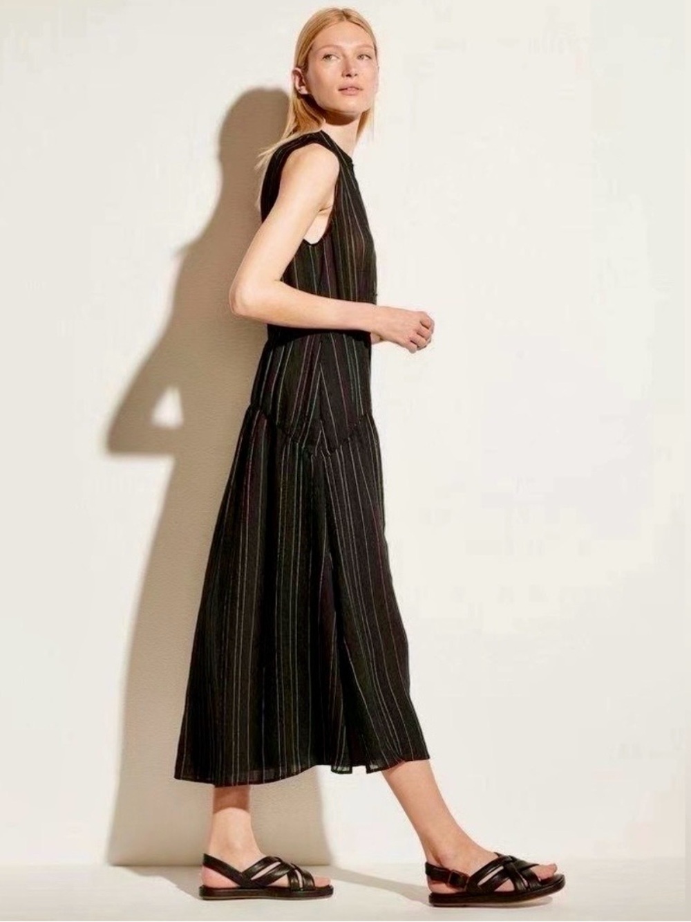 Vince Black Sleeveless Pinstripe Midi Dress